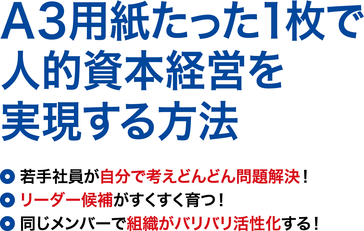 「A3用紙たった1枚で人的資本経営を実現する方法」若手社員が自分で考えどんどん問題解決！リーダー候補がすくすく育つ！同じメンバーで組織がバリバリ活性化する！